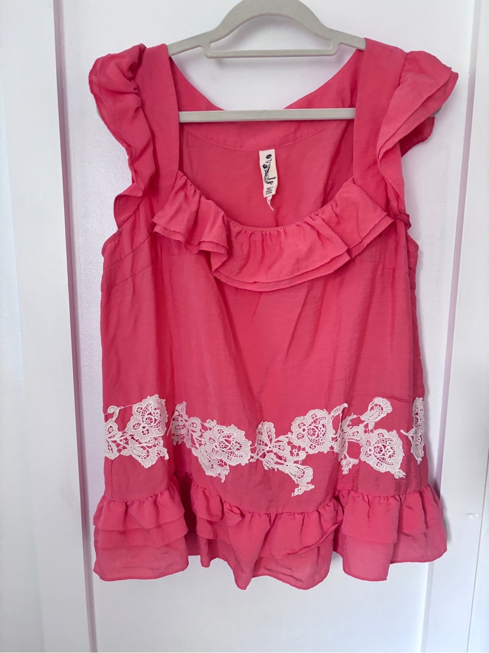 Vintage Anthropologie Pink Ruffle Shirt with Lace Trim